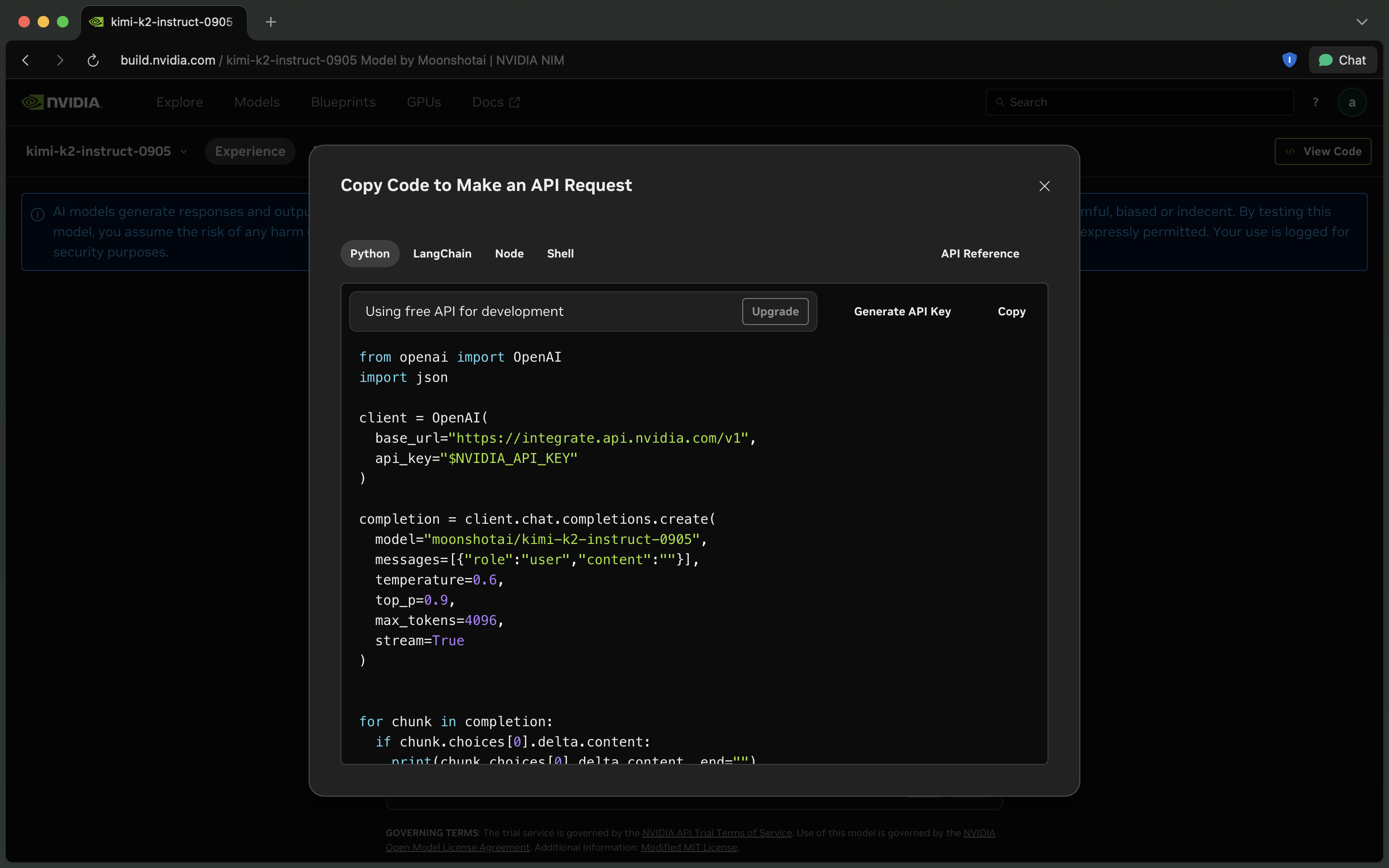Kimi K2 Model in NVIDIA Build