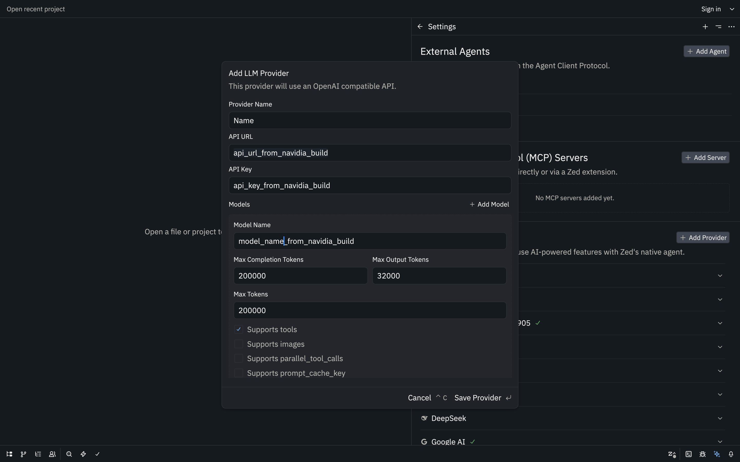 Provider Dialog for API Key